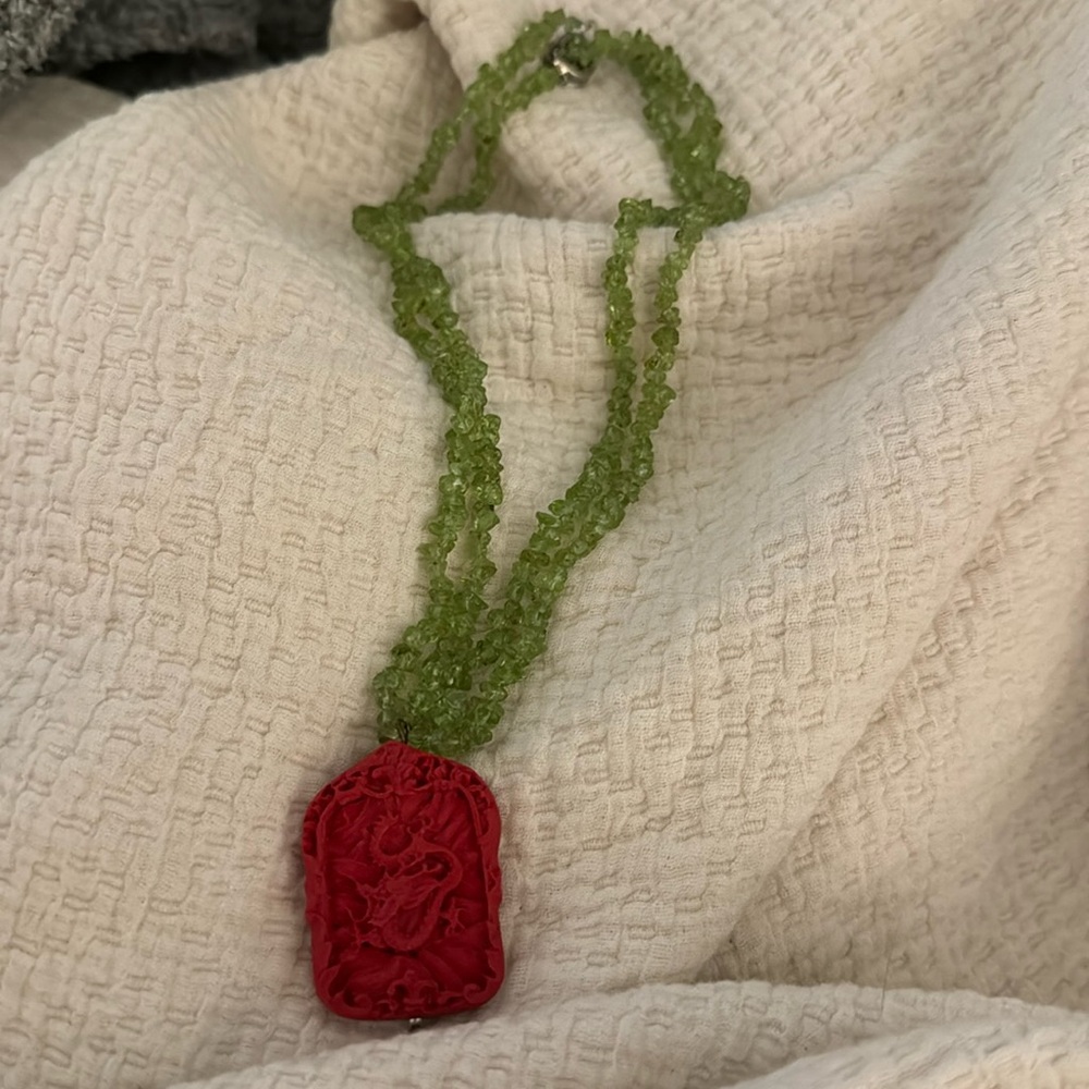 Carved Cinnabar & Peridot Chip Costume Necklace